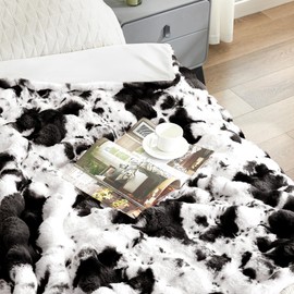 VFROO Ultra Plush Bubble Faux Rabbit Fur Blanket – 950GSM Thick Fluffy Throw Blanket for Bed, Couch, Sofa, or Gift, 50" × 60", Black Cow