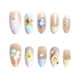 Handmade Press on Nails Medium Almond Nails Ocean Fake Nails,3D Flower Art False Nails with Pearl Conch Design Summer Reusable Acrylic Nails Nature Glue on Nail for Wome (Size M)