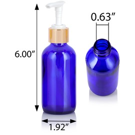 (12 Pack) 4 oz Cobalt Blue Glass Boston Round Bottle with Gold Lotion Pump + Funnel