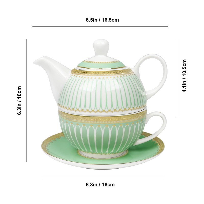 fanquare Tea for One with Gold Trim, Green Teapot Set