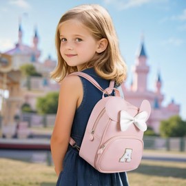 QLOVEA Backpack for Girls Kids Toddler, Bookbag for Teen Girl Kids Birthday Gifts, School Backpack for Girls with Cute Bow, Initial Pink S