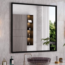 WEER Black Framed Mirror, 40X36 Inch Matte Black Wall Mirror for Bathroom, Rectangular Black Bathroom Vanity Mirror, Tempered Glass, Anti-Rust, Hangs Horizontal or Vertical