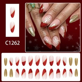 Christmas Press on Nails Medium Almond Nails Press ons with Irregular French Tip Design Red Gold Glitter Nails Glossy Full Cover Snow Glue on Nail Winter Xmas Holiday Fake Nail for Women 24Pcs
