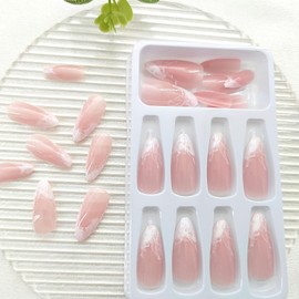 Almond Press on Nails Medium Fake Nails with Waves Designs Summer Nails Press ons French Tip Acrylic Nails Glossy Glue on Nails Nude False Nails Artificia Stick on Nails for Women 24 Pcs