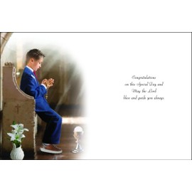 Jonny Javelin First Holy Communion Congratulations Card for Boys - Communion Congratulations Card with Artistic Boy in Church Design and Embossed Foil Details
