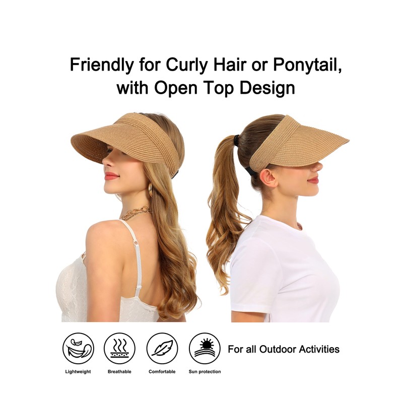 soul young Womens Straw Sun Visor Hat Ponytail Hole UV