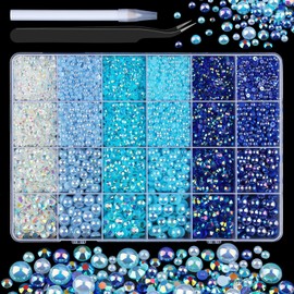 Kikonoke 10000PCS Blue Flatback Pearls and Rhinestones for Crafts, 3-8mm Half Pearls Clear AB Gems with Tweezers Pickup Pen for DIY Tumblers Mugs Nail Art Shoes Clothes