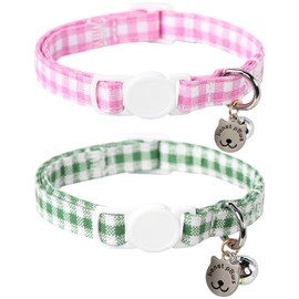 Lionet Paws 2pcs Pack Cotton Cat Collar,Breakaway Buckle with Green Pink Grid and Brand Pendant Cute Adjustable Cat Kitten Collar,Ideal for Girl Cats Boy Cats
