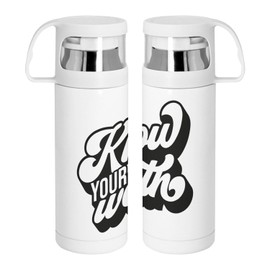 Thermoskanne aus Edelstahl mit integrierter Tasse – Know Your Worth Typografie Botschaft Bien Etre Self Care Love Health – 350 ml – Thermosflasche