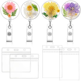Jupwalz 4 Pcs Flower Badge Reel with Clear Badge Holder, Retractable Badge Clips – Convenient ID Card Nursing Badge Reel for Teacher Nurse Doctor Office Worker