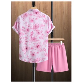 GORGLITTER Men's 2 Piece Summer Vacation Outfits Floral Tropical Button Down Shirt and Shorts Sets Pink X-Large