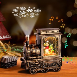 FUSPWEAO Christmas Snow Globes, Vintage Musical Christmas Snow Globe Lantern with Snowflake Projection, Lighted Christmas Train Snow Globe with Santa Water Swirling Glitter and 6H Timer, Xmas Gift