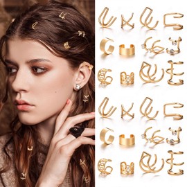 24 Pcs Gold Hair Braids Dreadlock Non-Piercing Ear Clip Beard Beads Cuffs Clip Hair for Women Men Charms Party Decoration Hair Accessories Styling Jewelry Tools