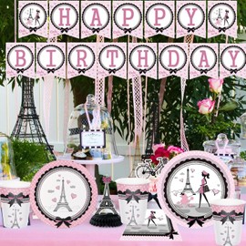 Paris Party Decorations Eiffel Tower Pink Tableware Set Paris Plates Cups Napkins Banners Dream Paris Themed Tablecloth Balloons for Girls Birthday Wedding Baby Shower Bridal Shower Decoration