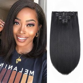 Vlliyava 14 Inch Kinky Straight Clip in Hair Extensions Natural Black 7 Pcs Seamless Yaki Straight Clip in Hair for Black Women 100G Full Head Yaki Straight Synthetic Hair