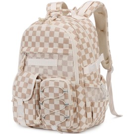 School Backpack for Teen Girls Checkered Bookbags Elementary High School Laptop Bags Women Travel Daypacks, Brown/White
