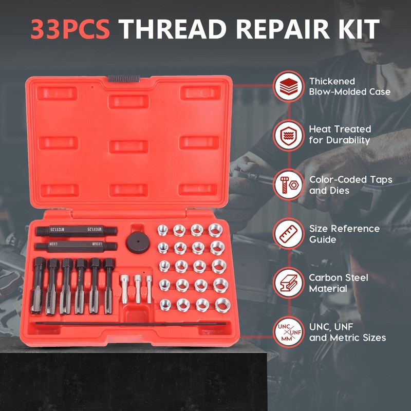 33PCS Glow Plug Thread Repair Kit, Thread Repair Tool Cylinder