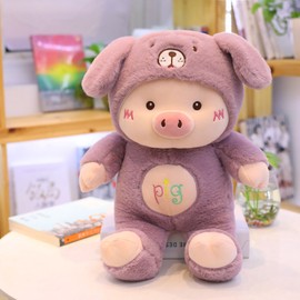 Pig Toy with Bear Hat Embroidery Craft Cartoon Shape PP Cotton Full Filling Skin Friendly Stuffed Plush Pig Purple 30cm