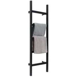 FUIN 57in Wall Mounted Wooden Blanket Ladder Living Room Decorative Farmhouse Quilt Display Holder Rustic Wood Towel Rack for Bathroom, Black
