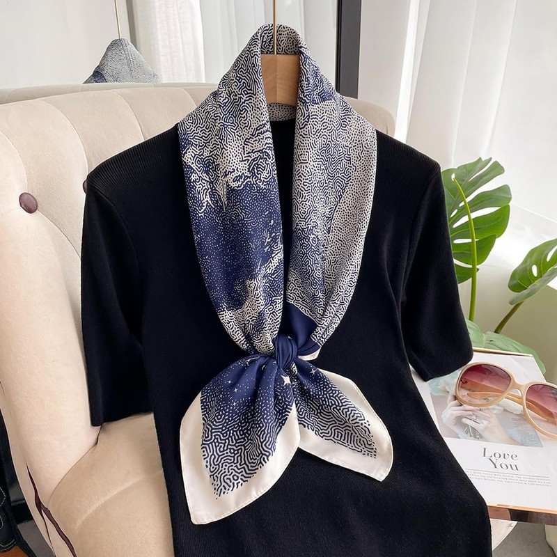 FairyCity Silk Square Scarf, Navy Blue Celestial Pattern, Stars and