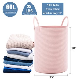 MOJOSCEND 60L Large Pink Laundry Hamper Basket for Grils Baby Nursery, 15Dx20H inches Tall Toddler Clothes Hamper for Dorm, Woven Rope Hamper Laundry Basket