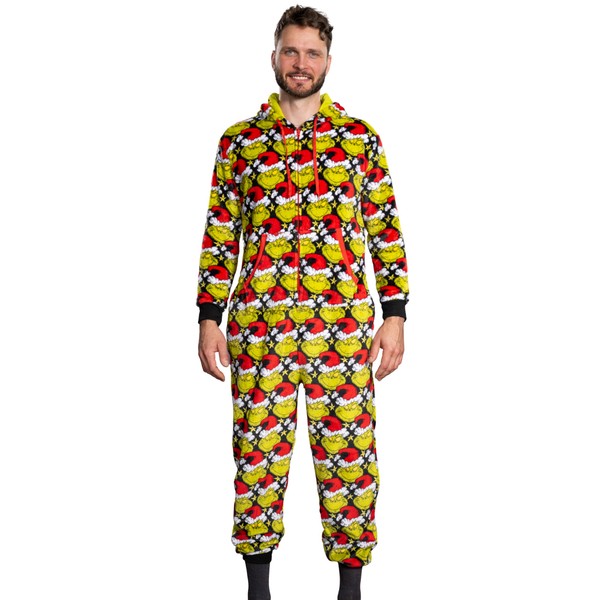 Grinch with Santa Hat Face All Over Pajamas Jumpsuit -