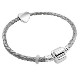20cm Medium Womens Leather Starter Charm Bracelet with Silver Heart and Gift Box valentines gifts for her (Silver Leather)