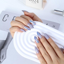 Blue Chrome Metal Press on Nails with Diamond Designs, Glossy Mirror Fake Nails Sparkly Full Cover Acrylic Nails, Medium Almond Shape False Nails with Glue Stick on Nails for Women Girls 24Pcs