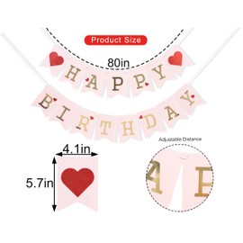 Red Heart Happy Birthday Banner - Valentine's Day Birthday Party Decorations,Happy Birthday Pink Banner Photo Props,Valentines Day Wall Hanging Banner,Valentine Birthday Love Banner