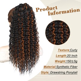 AISI BEAUTY Afro Kinky Curly Drawstring Ponytail Hair Extension for Women 20 Inch Natural Looking Synthetic Clip in Ponytail Extension for Daily Party Use(Black with Brown Highlights)