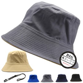 RF Large Size Bucket Hat, Reversible 24.0 - 25.6 inches (61 - 65 cm), Cap (100% Cotton), Removable Drawstring, Unisex, grey | khaki