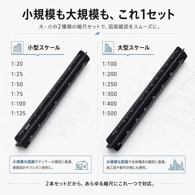 三角スケール 15cm スケール 定規 2本セット 建築図面用 製図 定規 アルミ スリム