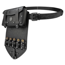 HiiFeuer 3PCs Medieval Alchemy Faux Leather Belt Bag Set with 5 Cork Potion Vials, Fantasy Embossed Wizard Belt (Black A)