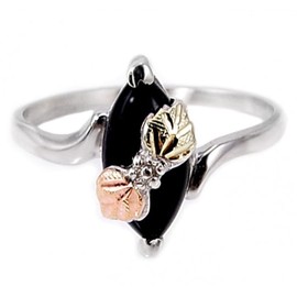 Slim-Profile Marquise Onyx Bypass Ring, Sterling Silver, 12k Green and Rose Gold Black Hills Gold Motif, Size 7