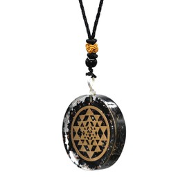 Amazing Gemstone Shungite Round Orgonite Pendant Necklace for Protection - Powerful Orgone Pendant for Men, Women and Kids (Sri Yantra)