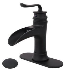 M OUDEMEI Solid Brass Waterfall Spout Bathroom Sink Faucet, Single Handle Lavatory Faucet with Deck Plate for 1 OR 3 Hole, 4 Inch Centerset Vanity Faucet (with Drain, Matte Black)