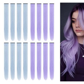 Clip in Hair Extensions - ShiningUU 16 Pcs 22 Inch Hair Accessories for Girls, Lavender & Ice Blue Straight Synthetic Pieces for Crazy Hair Day, Party/Festival Accessories for Women