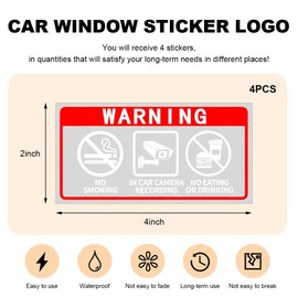 NYTKL 4PCS 2" x 4" Car Warning Stickers, No Smoking in Car Camera Recording No Eating or Drinking Window Sign, Waterproof Decal Anti Smoke Food & Beverage Warning Label for Vehicles