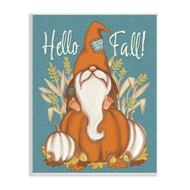 Stupell Industries Hello Fall Seasonal Garden Gnome Wheat Sprigs Pumpkins, Design by Figgy Pudding Designs