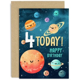 Old English Co. Fourth Birthday Card for Boys and Girls - Happy 4th Birthday - Age 4 - Four Years Old - Cute Space Planets Themed Birthday Card for Daughter, Son, Grandaughter, Grandson