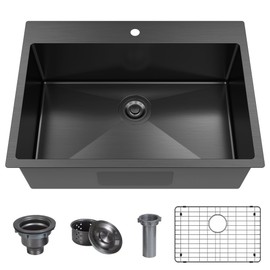 28 x 20 Inch Black Drop In Kitchen Bar Sink, Small Kitchen Sink Single Bowl Topmount Bar Prep Sink 18 Gauge Stainless Steel Bar Sink with Grid and Basket Strainer