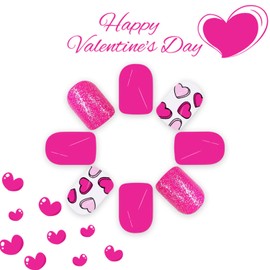 Valentines Press on Nails Short Square Fake Nails Pink White False Nails with Pink Glitter Designs Heart Stick on Nails Glossy Glue on Nails Valentines Nails Acrylic Nails for Women Girls 24 Pcs