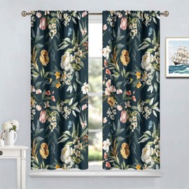 SHElifestyle Black Floral Boho Curtains, Vintage Retro Wildflower Window Treatments for Living Room Watercolor Colorful Leaves England Gardern Window Drapes for Woman Bedroom Kitchen 52x84in