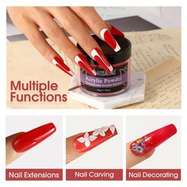 ROSALIND Red Acrylic Nail Powder 50g/1.76oz Acrylic Red Powder for Nail Acrylic Extension, Professional Crystal Polymer Red Nail Powder Acrylic Nail Caving, Dry Naturally No Nail Lamp Needed