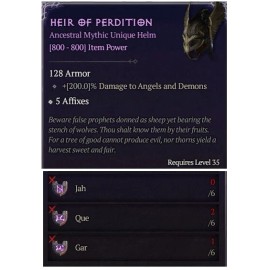 Diablo 4 S9 Heir Of Perdition Mythic Unique Helm 6 Jah Que Gar Rune Craft Set