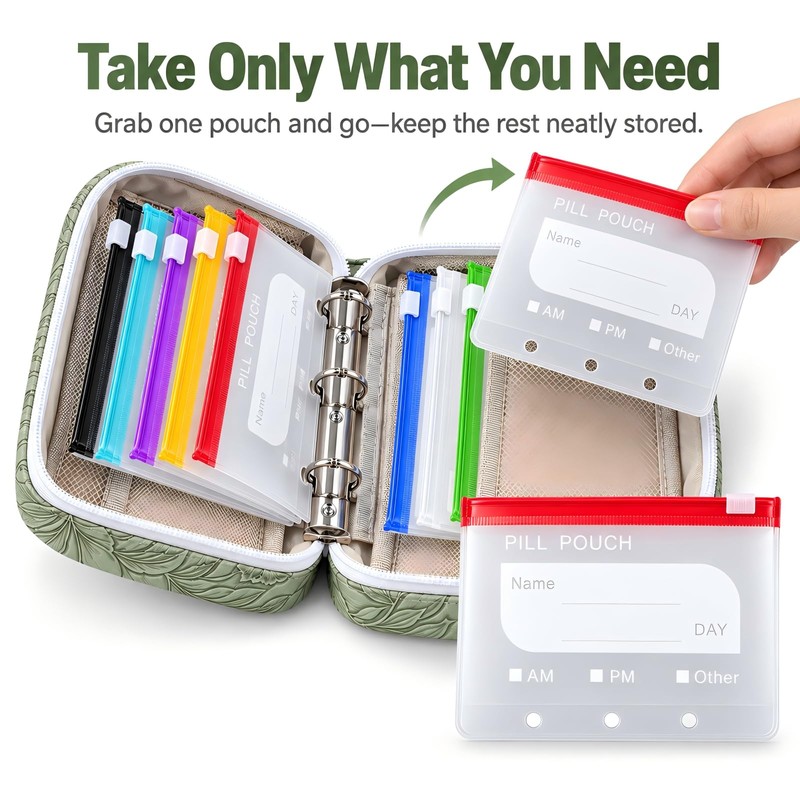A8 Pill Pouches for Travel, 14 Reusable Pouches, Green Travel
