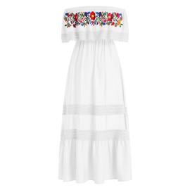ABEHIK Mexican Embroidered Dress for Women Off Shoulder Maxi Dress Traditional Summer Loose Lace Floral Print Ruffle Neck Sleeveless Beach Vacation Cinco de Mayo Outfit White S