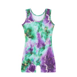 HOZIY - Maillot de gimnasia para niñas con pantalones cortos para niños pequeños, ciclismo, unicornio, arcoíris, dinosaurio, sirena, leopardo, flor galaxia, Mármol verde púrpura, 4-5T