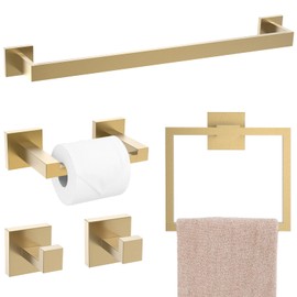 TQKAG Brushed Gold Bathroom Hardware Accessories Set 5 Pieces, Double Post Pivoting Toilet Paper Holder Set Stainless Steel Square Bathroom Towel Bar Holder Set Wall Mounted