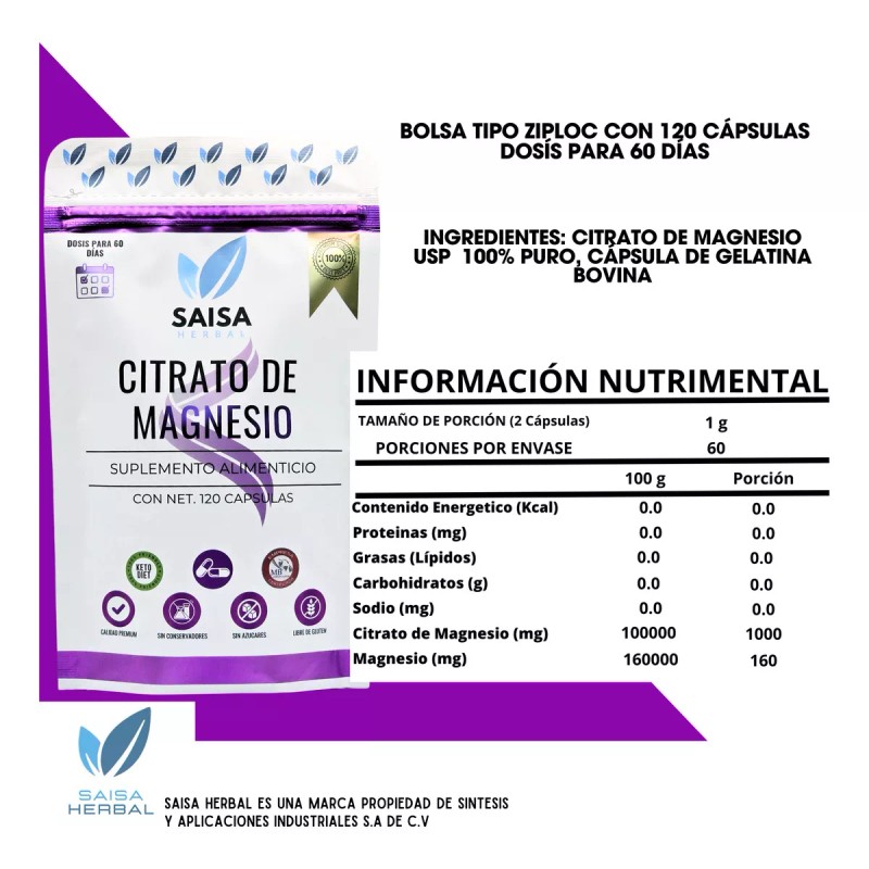 Saisa Herbal Citrato De Magnesio 120 Cápsulas Sabor Sin sabor
